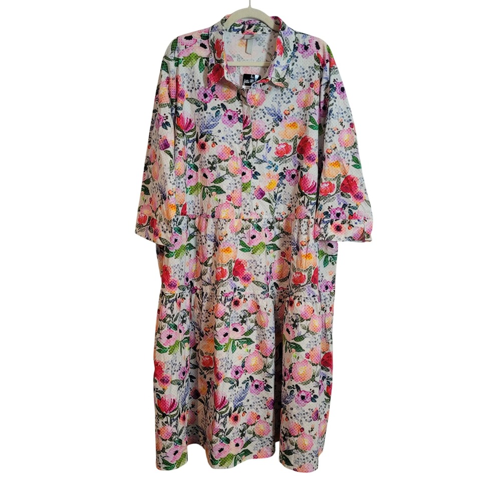Ulla Popken von Landen Floral Tiered Midi Shirt Dress Plus Size 24/26 Cotton NEW